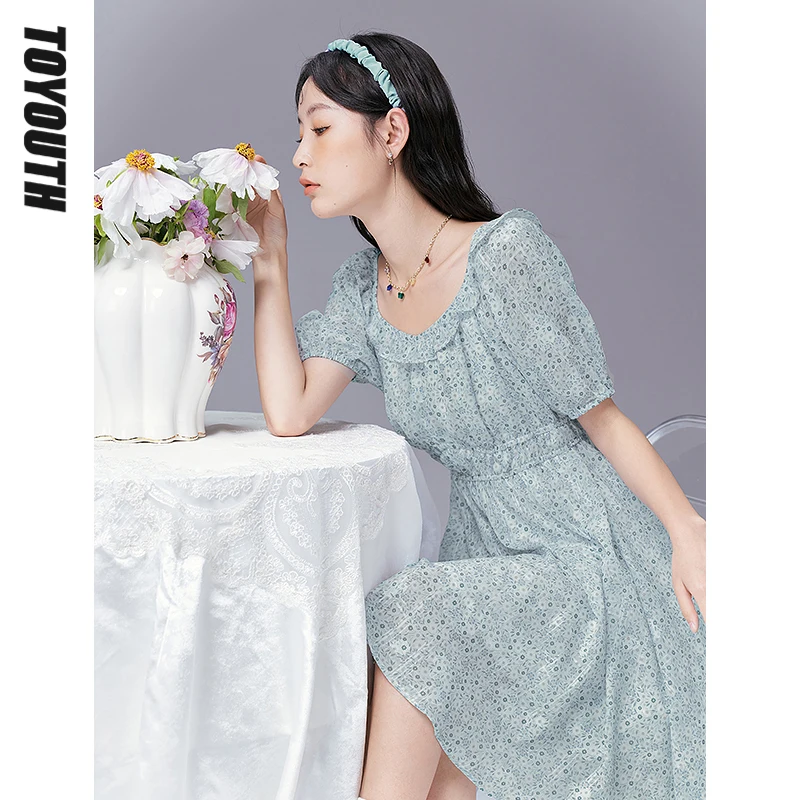 

Toyouth Women Dress 2022 Summer Short Sleeve Square Collar Loose A Line Textured Jacquard Floral Elegant Vintage Dresses