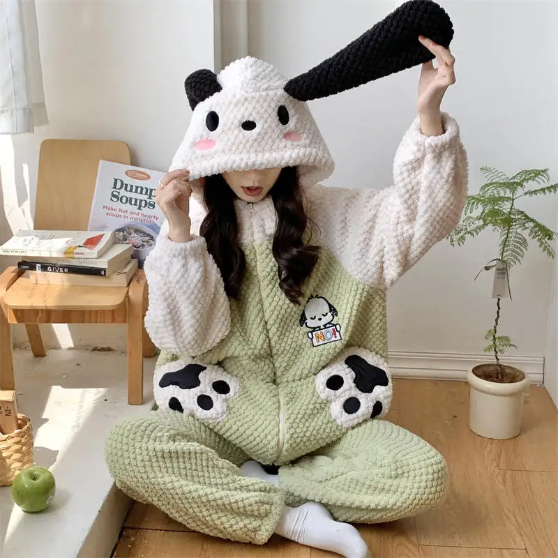 

Kawaii Pochacco женский плюшевый теплый пижамный комплект с рисунком Sanrio аниме Cinnamoroll коралловый флис утепленная домашняя одежда милая ночная рубашка для девочек