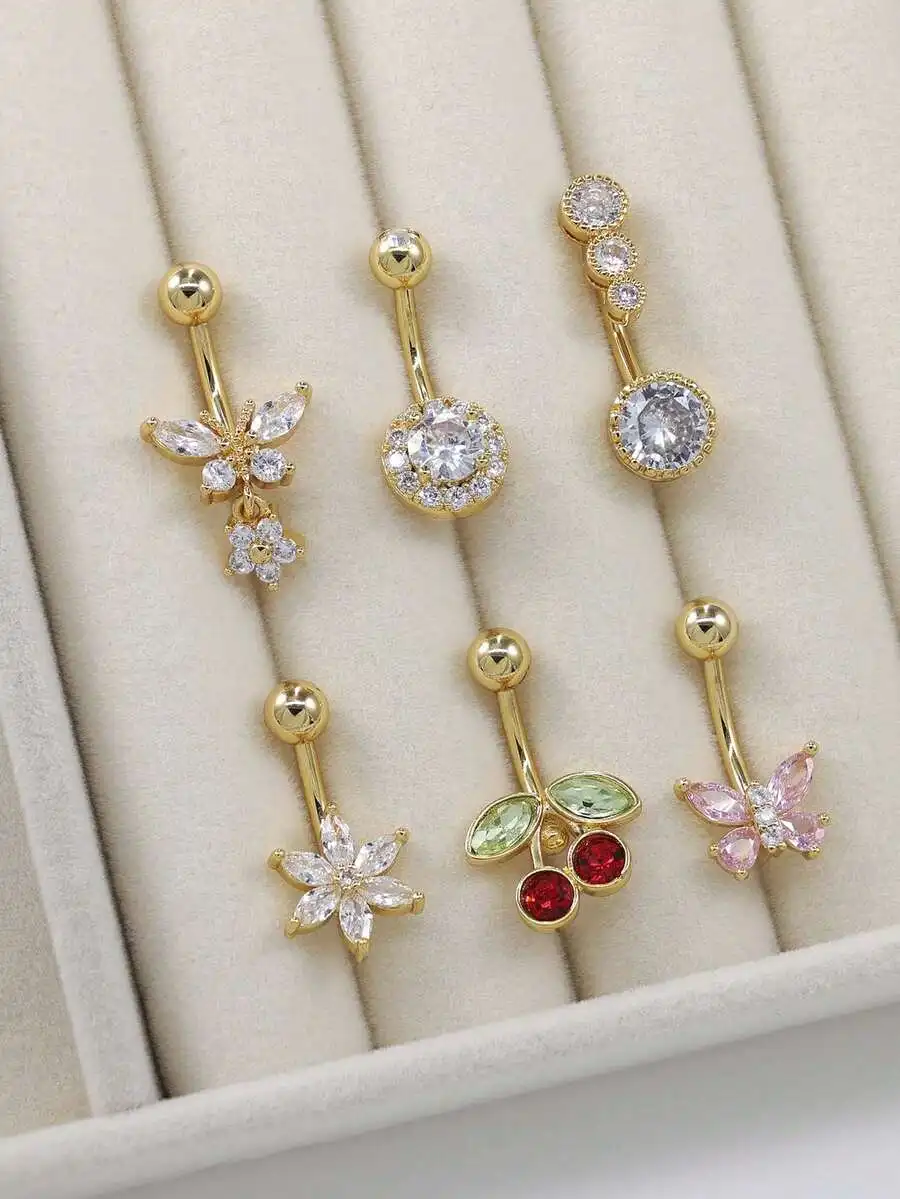 

6pcs Gold-Tone Stainless Steel Navel Rings With CZ Butterfly, Flower, Cherry & Round Designs For Daily Wear And Gifts