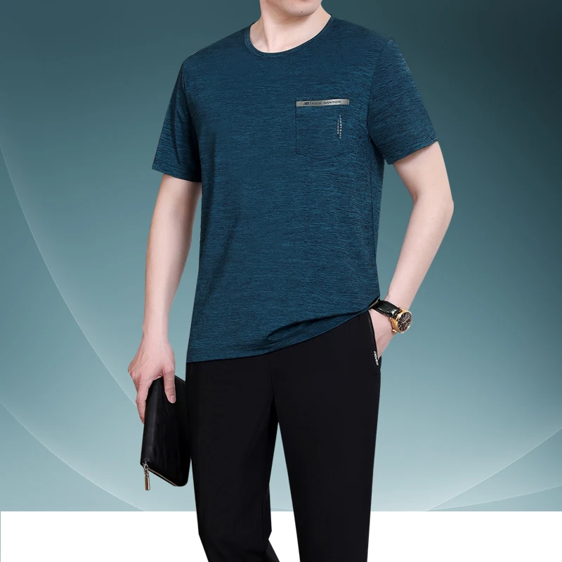 

Ice Silk Sports Set Men's Summer ort Sve T-irt Qui Dry Casual Dad Clothes Middle-Aged Men's Loose Fit round Ne Top