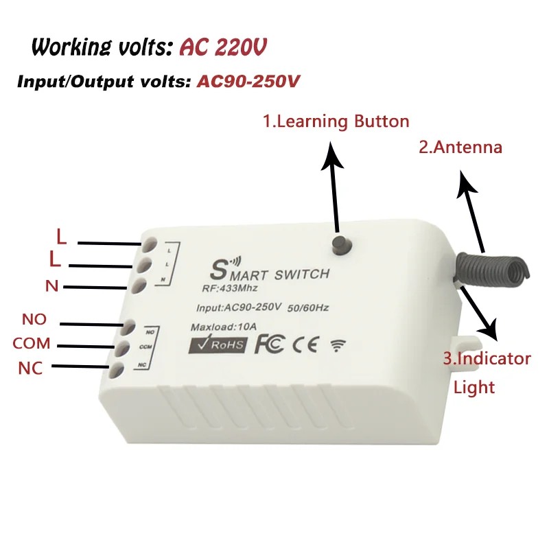 433Mhz Universal Wireless Remote Control Switch AC90V-250V 10Amp 1CH RF Relay Receiver Transmitter Module for LED/Light/fan lamp