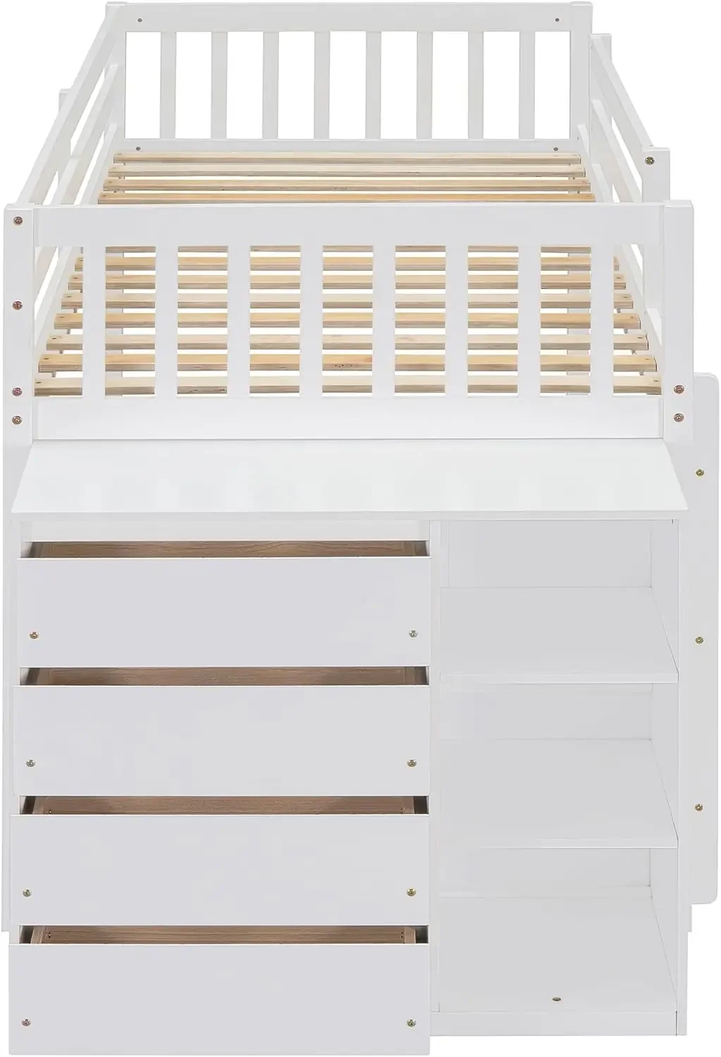 Harper & Bright Designs-Lit Superposé Bas avec Rangement, Lit Superposé Twin Over Twin Floor, Cadre avec 4 Aères de Proximité et 3 Étagères, Bois Massif