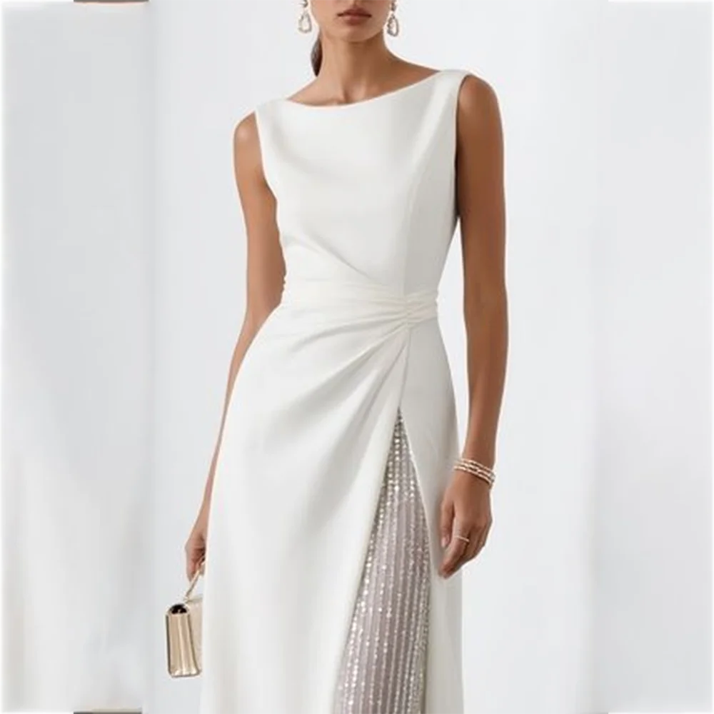 White Beaded Prom Dress Exquisite Fashion O-Neck Sleeveless A-Line Party Dress Floor Length High Quality Evening Gown Customized