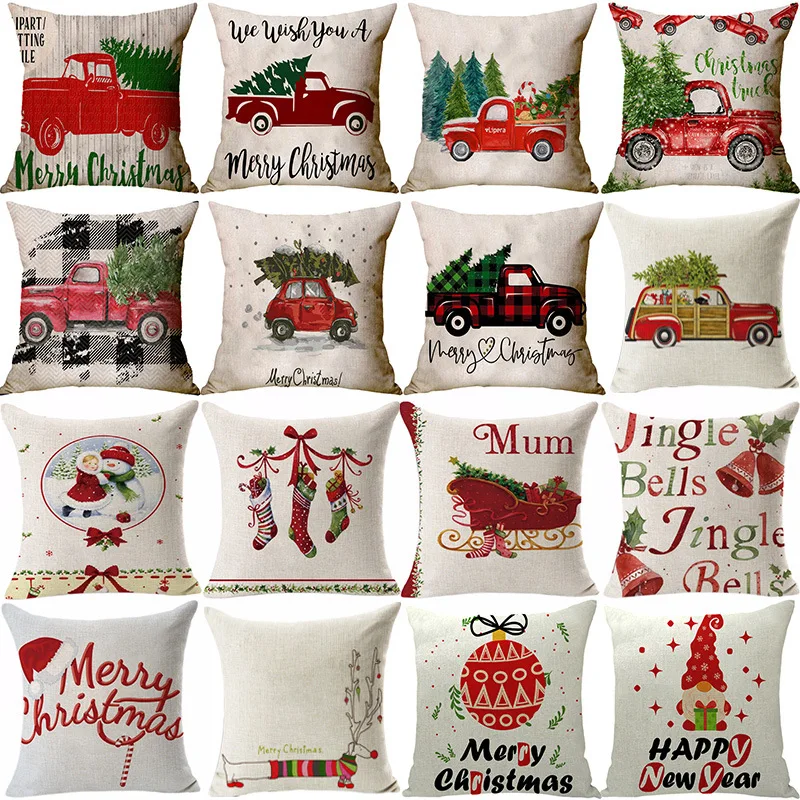 Christmas Cushion Cover 45x45cm Linen Throw Pillow Case Red Truck Christmas Tree Printed Pillow Cover Home Decor Xmas Pillowcase