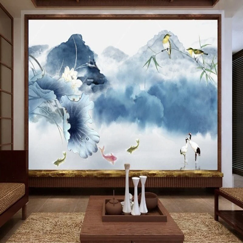 Modern simple new Chinese-style ink-wash lotus TV luxurious home bedroom background wall paper
