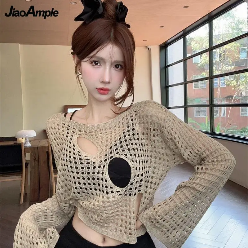 Women 2024 Autumn New Vintage Long Sleeve Knit Hollow Sweater+Vest+Loose Cargo Pants 3-Piece Set Korean Sportswear Matching Set