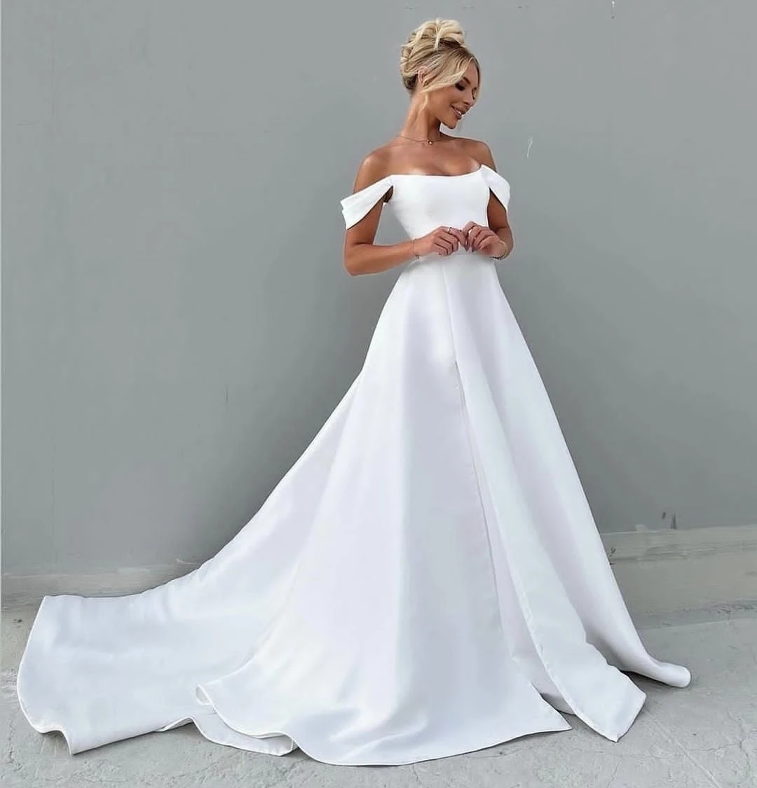 Simple Wedding Dress Sweetheart Satin A-Line Floor Length For Women White Sweep Train Bridal Gowns Customize To Measures Robe