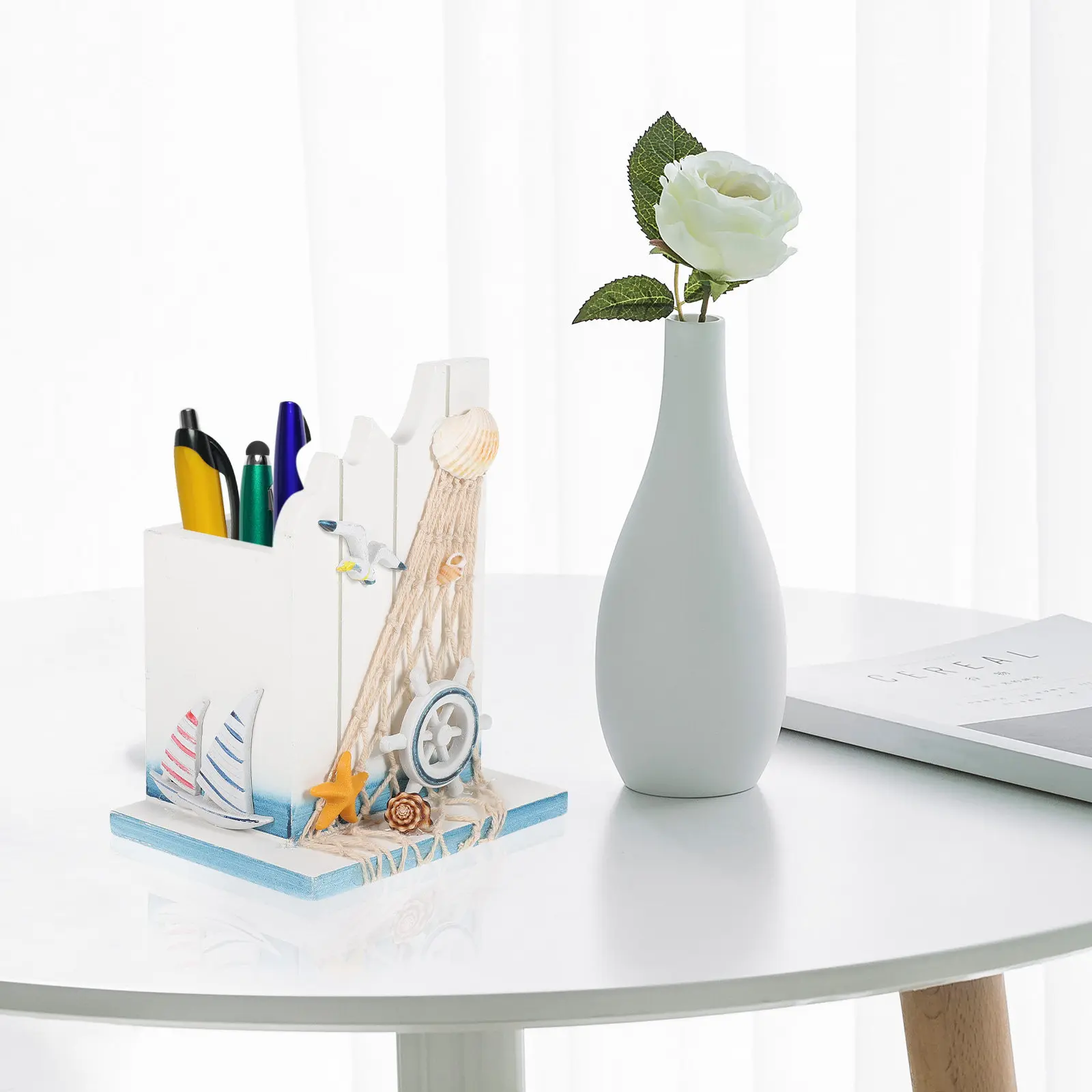 

Wooden Desk Pen Holder Unique Retro Style Office Organizer for Stationery Pencil Storage Home Office Decoration Nordic Elegant