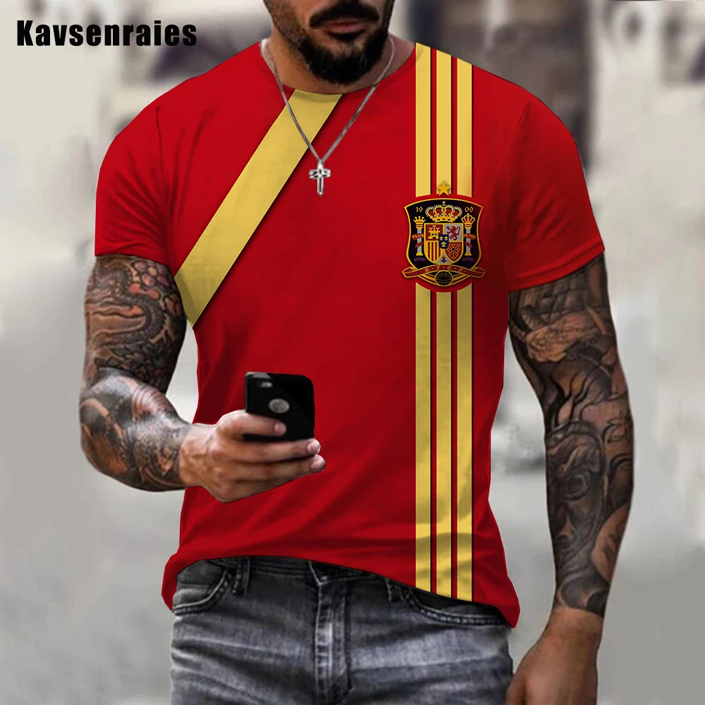 Camiseta con estampado 3D de bandera de España para hombre, ropa informal de manga corta, divertida, de gran tamaño, Verano
