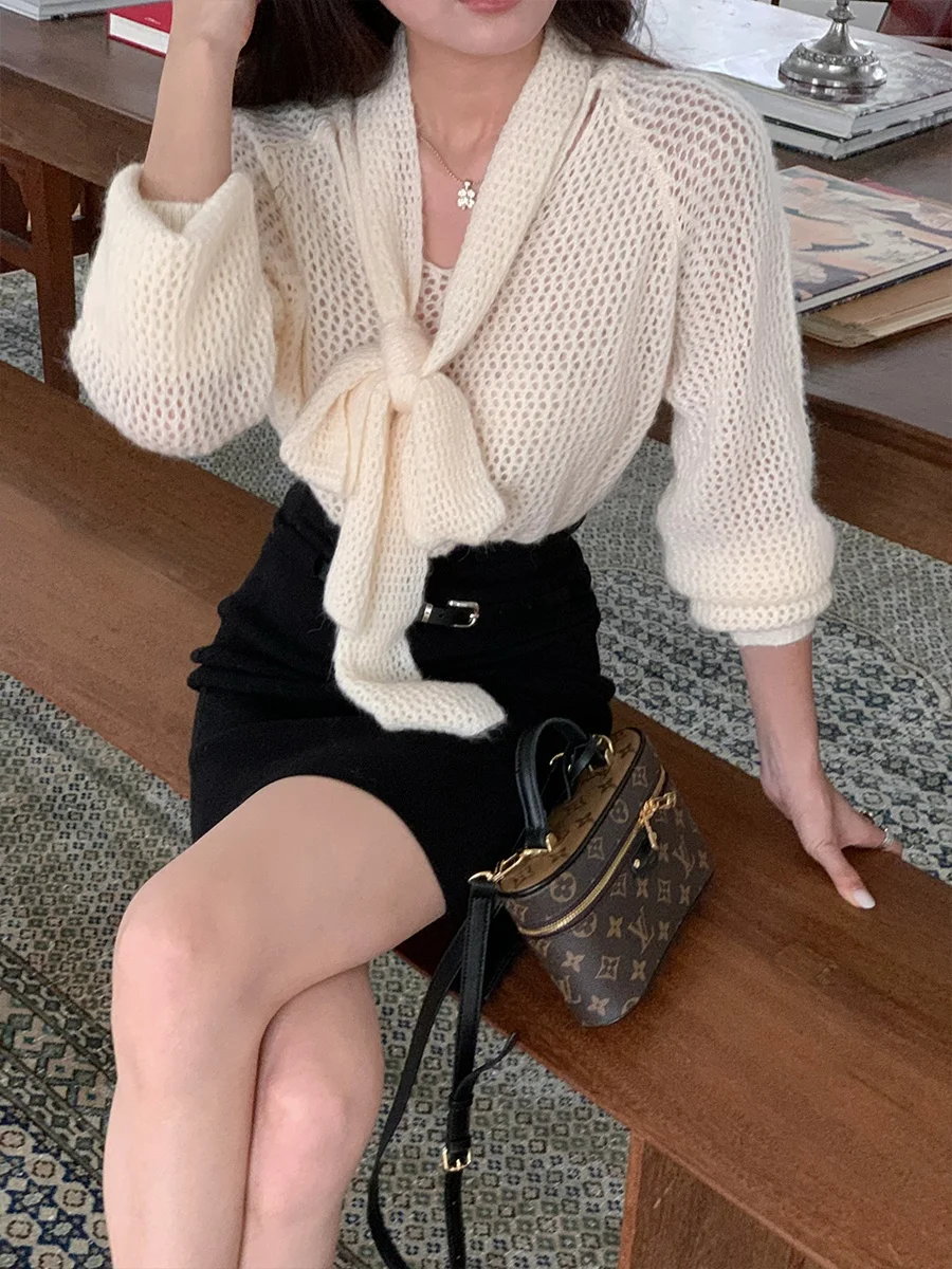 

Loose Knitted Woolen Sweater with Knot And Sa by ACHI White Sea Hair Knitwear Soft Relax Fit Daily Wear for Women