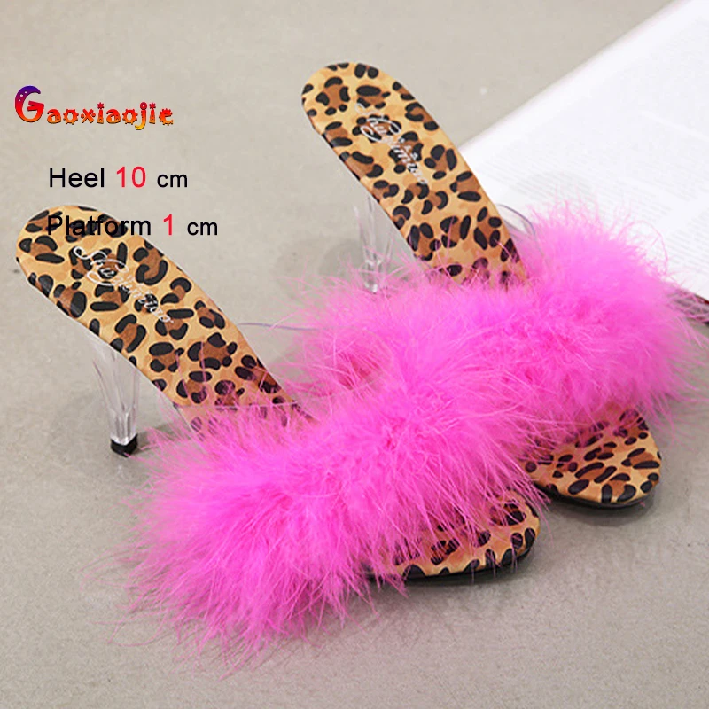 

Faux Fur Black High Heels 9cm Women Shoes Crystal Fine Heels Square Head Ladies Pumps Peep Toe Slippers Sandals Nightclub Shoes