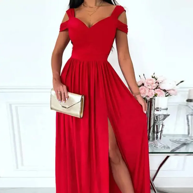 

TOY-2025Spring New Women's Fashion Elegant Casual Simple StyleVSolid Color Dress for Women