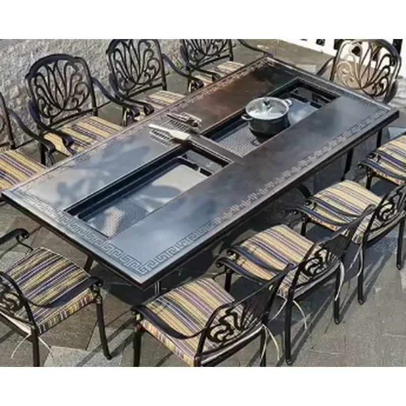 Smokeless Outdoor Dinning Set Cast Aluminum Patio Furniture Korean Grill BBQ Tables and Chairs