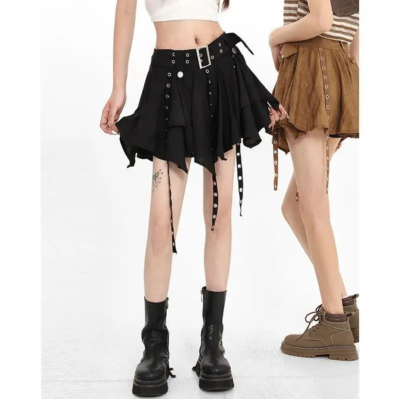 Harajuku Black 2026 Summer New Korean Style Vintage Pleated High Waist Skirt Women Sash Ribbon Slimming Petite
