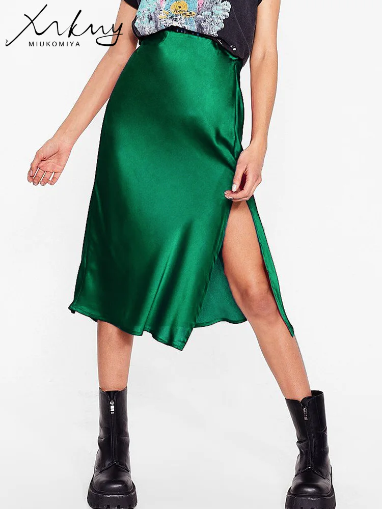 Green Satin Midi Skirts For Women Summer Elastic High Waist A Line Slit Skirt Midi Satin Silk Women Skirt With Slit Summer 2024