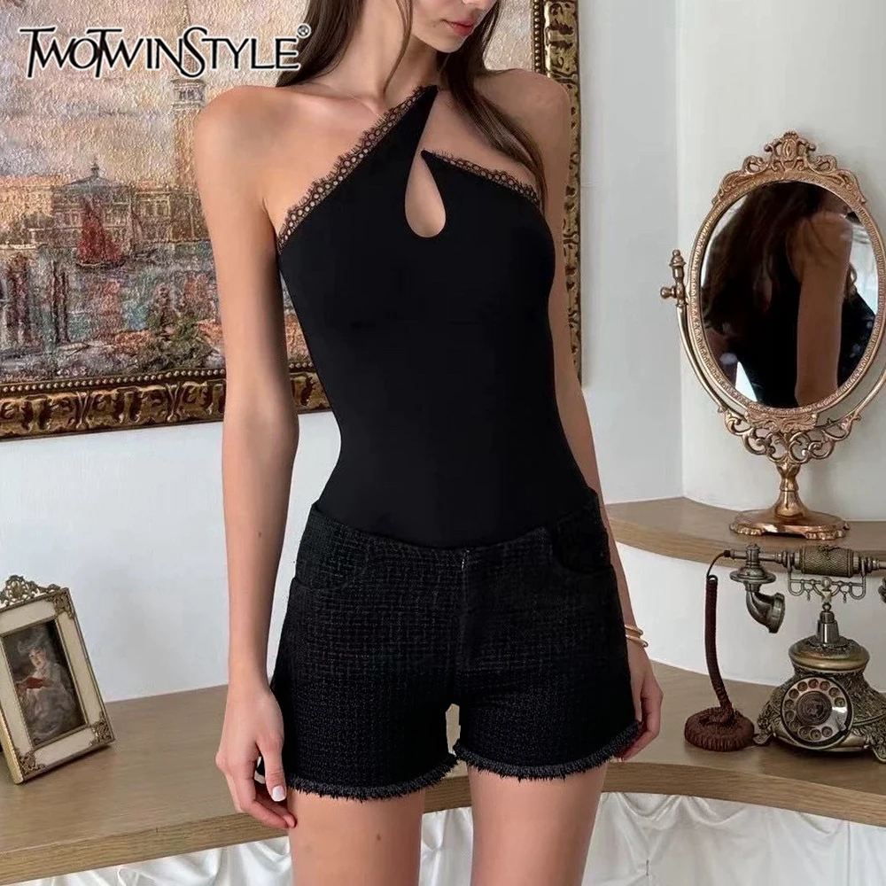 

TWOTWINSTYLE Solid Slimming Spliced Lace Jumpsuits for Women Strapless Sleeveless Sexy Temperament Jumpsuit Female Fashion New