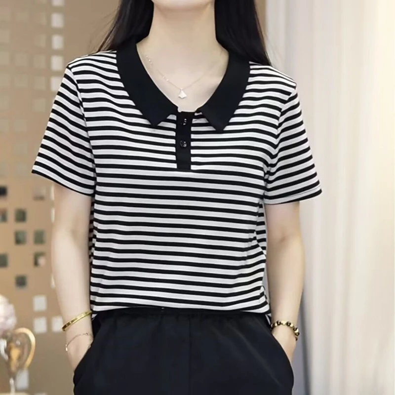 

Модные универсальные полосатые рубашки с лацканами, женская одежда, новинка лета 2025 года, свободные повседневные топы, пригородная футболка