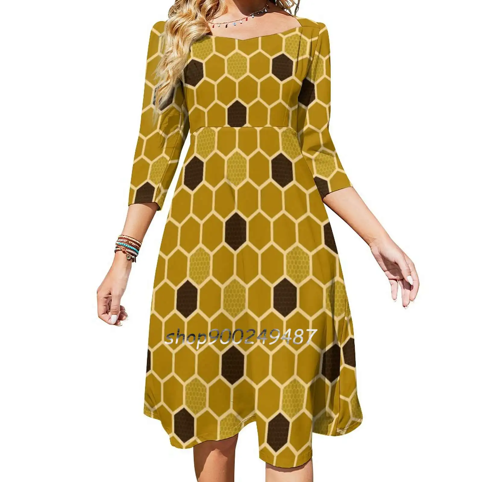 Honeycomb Square Neck Dress Sweet Summer Dress Women Multiple styles Print Dress Honeycomb Bees Nature Bugs Honey Vintage Repeat