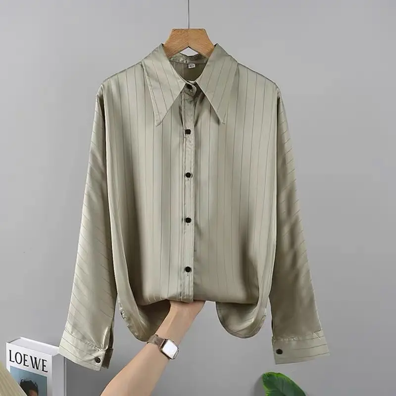 

Black Satin Striped Shirt Women's Loose Long-sleeved Chic Top