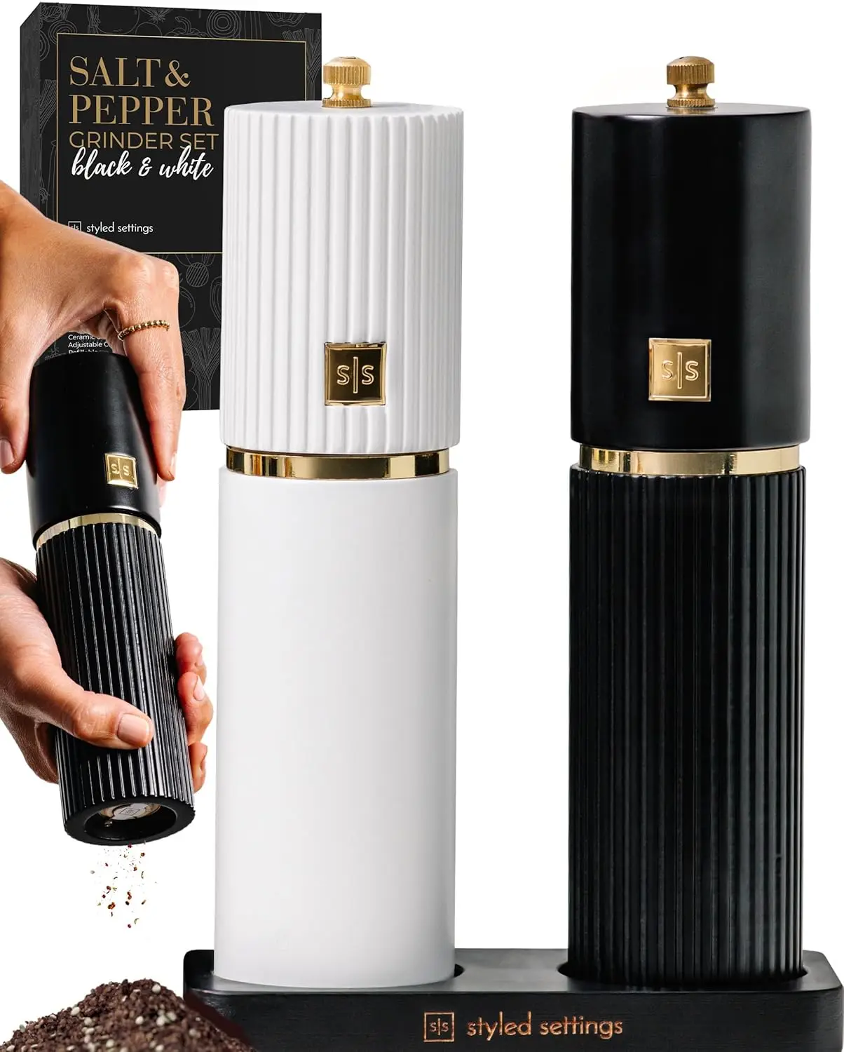 

White and Black Salt and Pepper Grinder Set with Gold Accents – Set of Two Refillable Wooden Manual Grinders wit