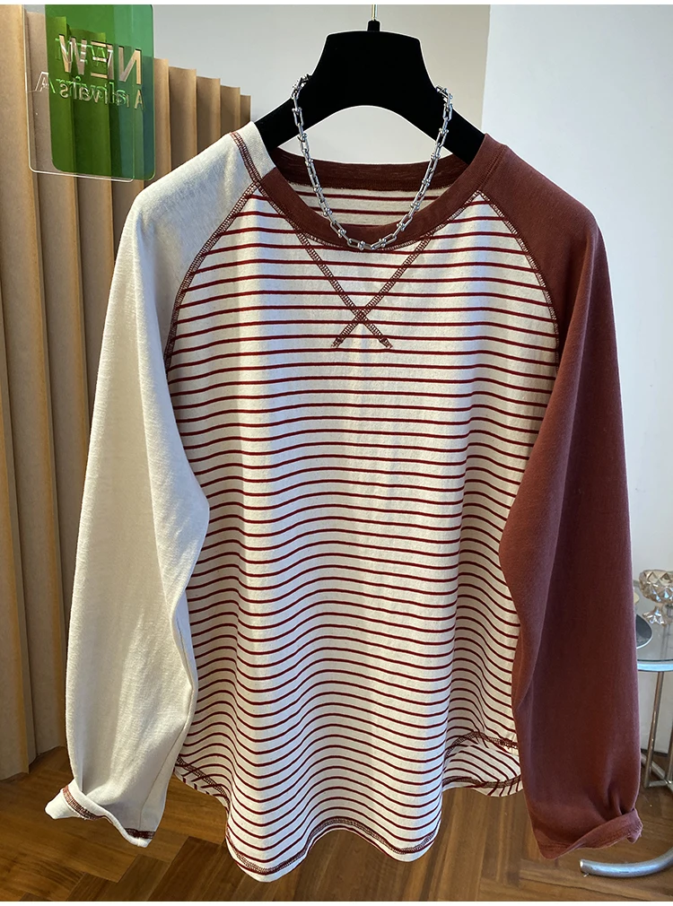 

Long Sleeved T Shirts Plain Womens Autumn Ribbed Cuff Lantern Sleeve Wide Stripe Drop Shoulder Smart Student French Chic Unique