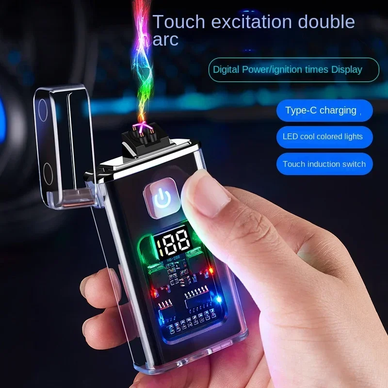 Men\'s Transparent Shell Dual ARC Plasma Lighter Outdoor Camping Gadget Small Igniter, Good Looking Lighter, Fashionable USB, New