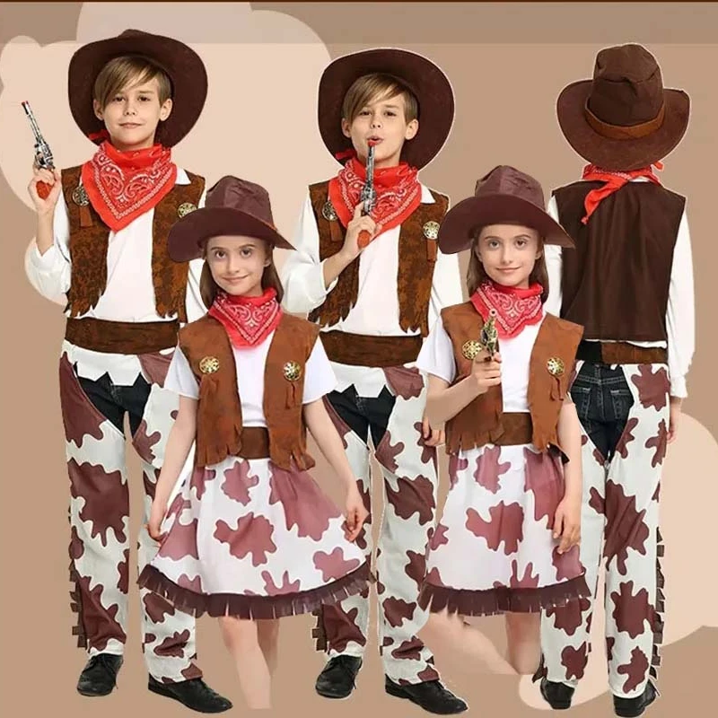 

Kid Halloween Cowboy Costume Dresses Child Boys Girls Western Cowgirl Costumes Purim Carnival Cosplay Event Party Dress Up