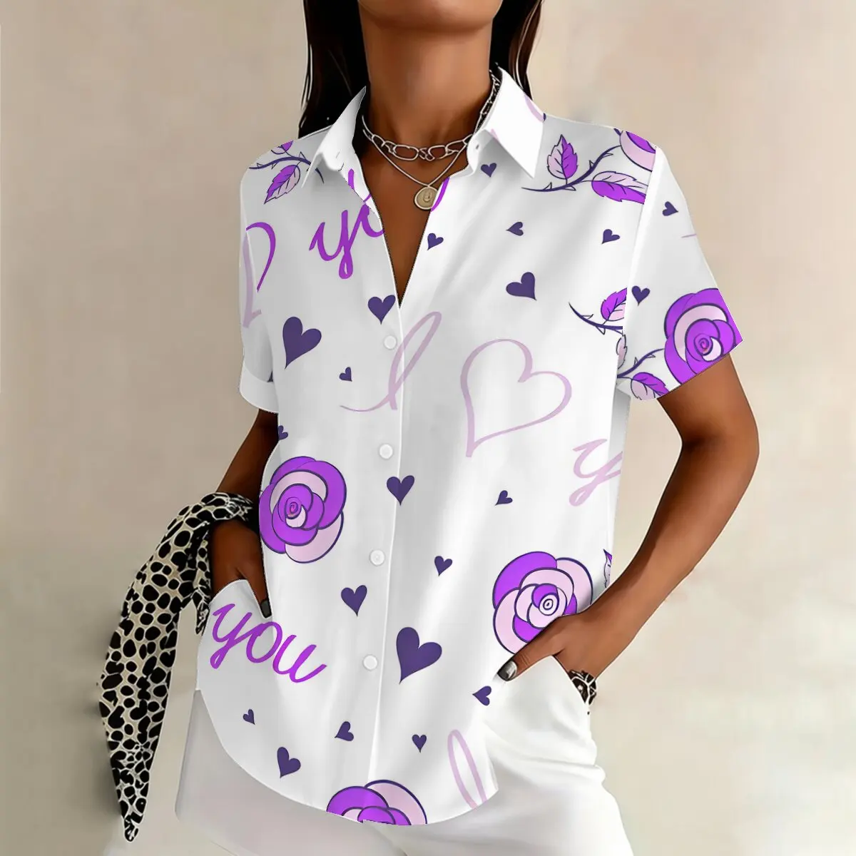 

Romantic Purple Rose Love Letter Printed Collar Short sleeved Shirt for Women's Summer Casual Daily Fashion Versatile Top