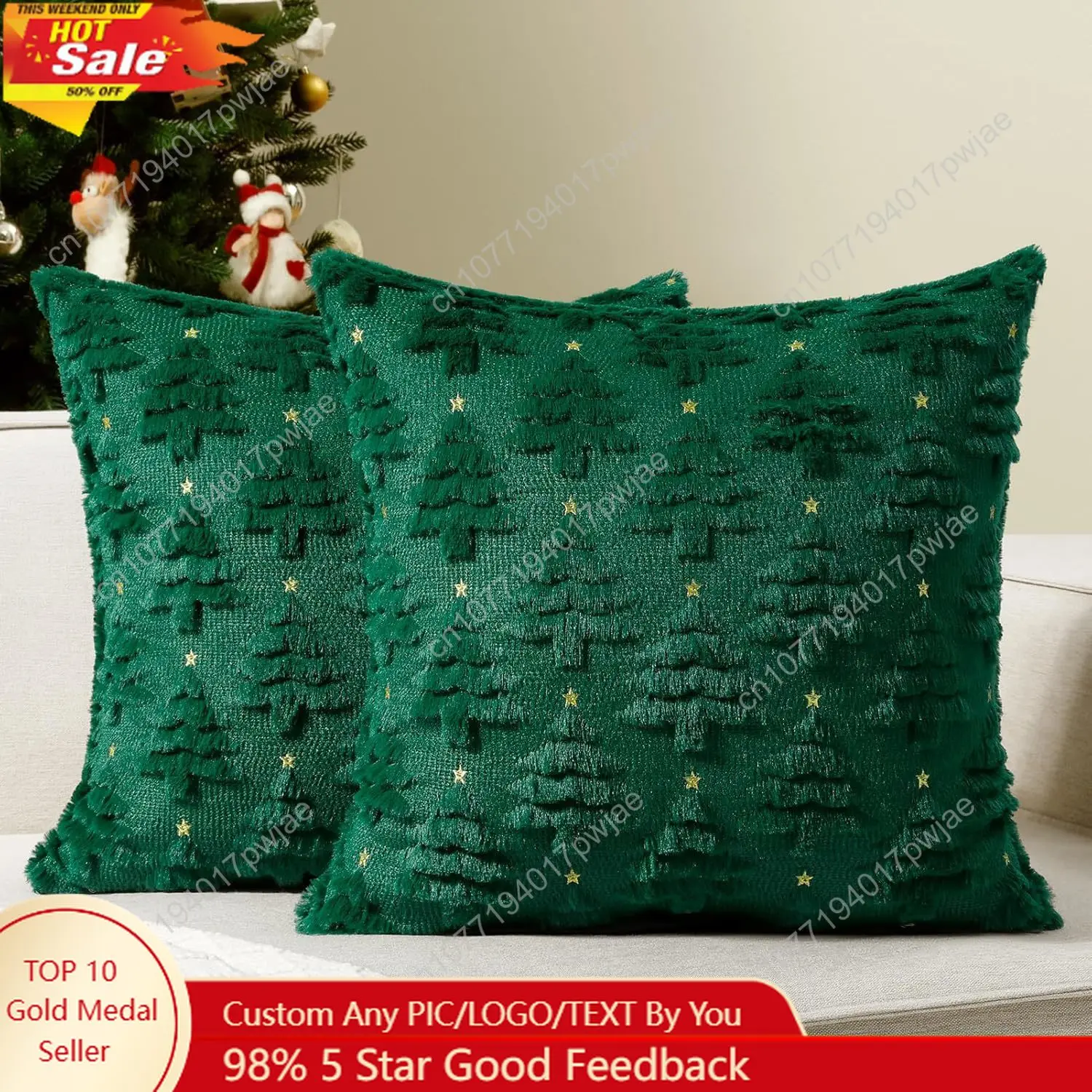

Softalker Christmas Throw Pillow Covers 18 x 18 Inch Set of 2, Xmas Winter Christmas Tree Faux Fur Cushion Covers, 3D Embroidere
