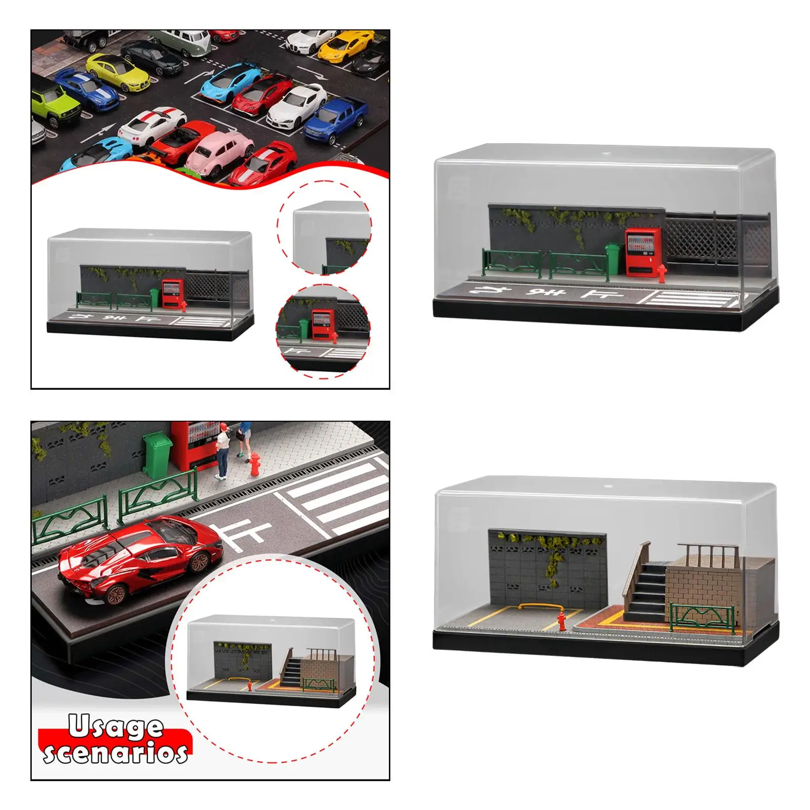 

1/64 Scale Diecast Model Car Display Case Street Scene for Collectors Home Decor Simulation for Toy Cars Parking Space Diorama