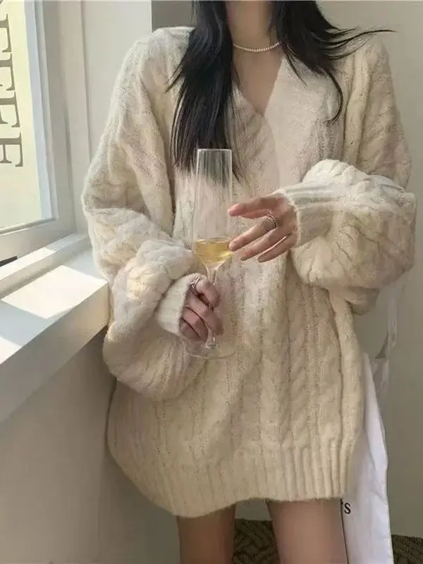 

Женский осенне-зимний свитер Thiened с v-образным вырезом, витой трикотаж, свободный крой, длинный свеч, круглый Ne Simple Sle, чистый цвет