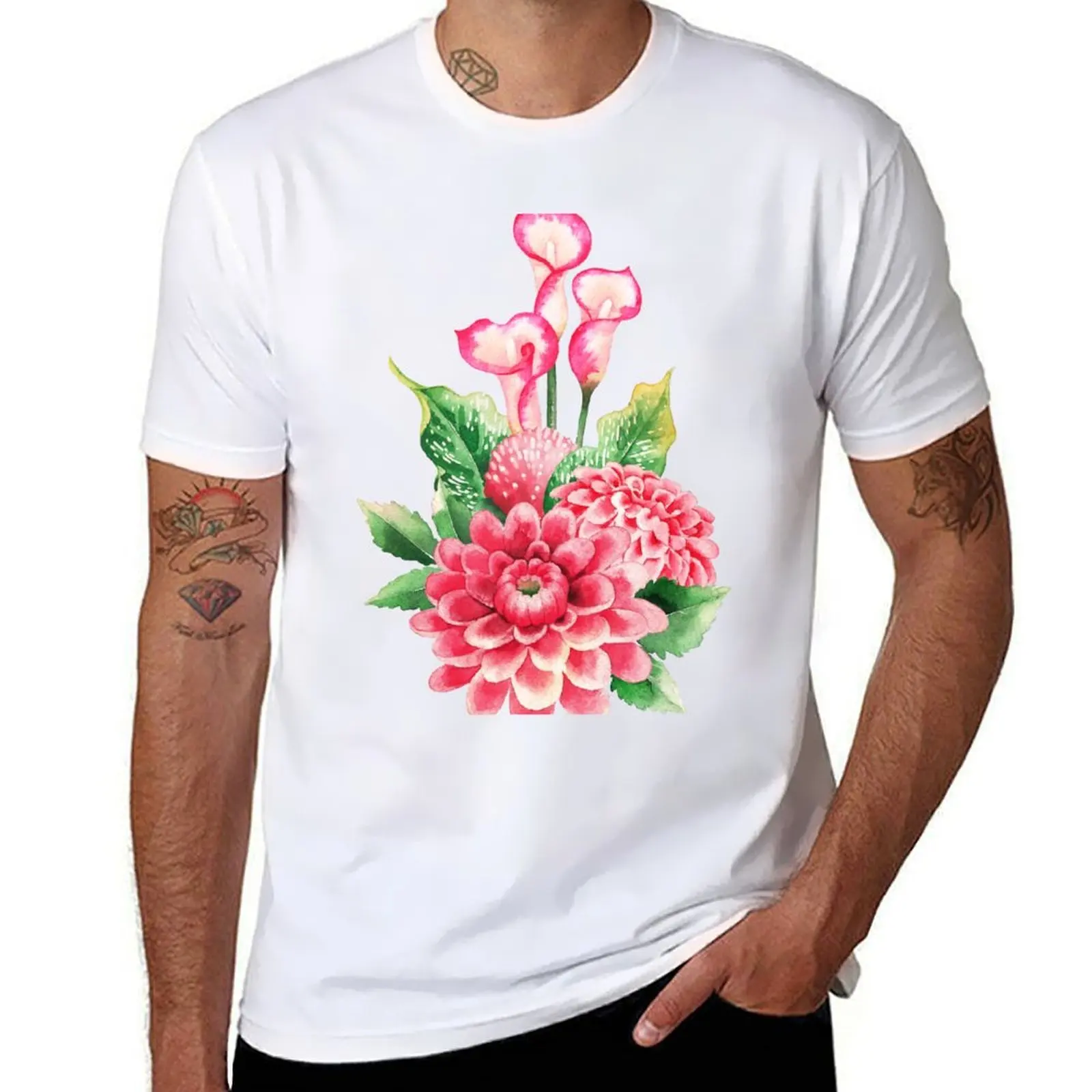 

Watercolor bouquet of dahlia and calla lily flowers T-Shirt t shirt custom print t shirts for man graphic tees T-Shirt