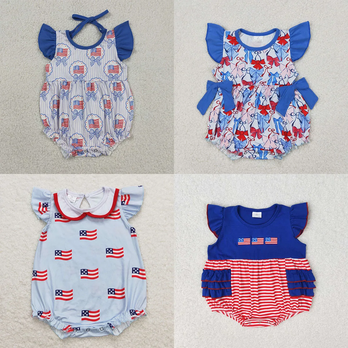Newborn Baby Flutter Sleeve Stripe Bows Flags 4th of July Ruffle Romper Girl Clothes Bubbles Kids Children Clothing Wholesale