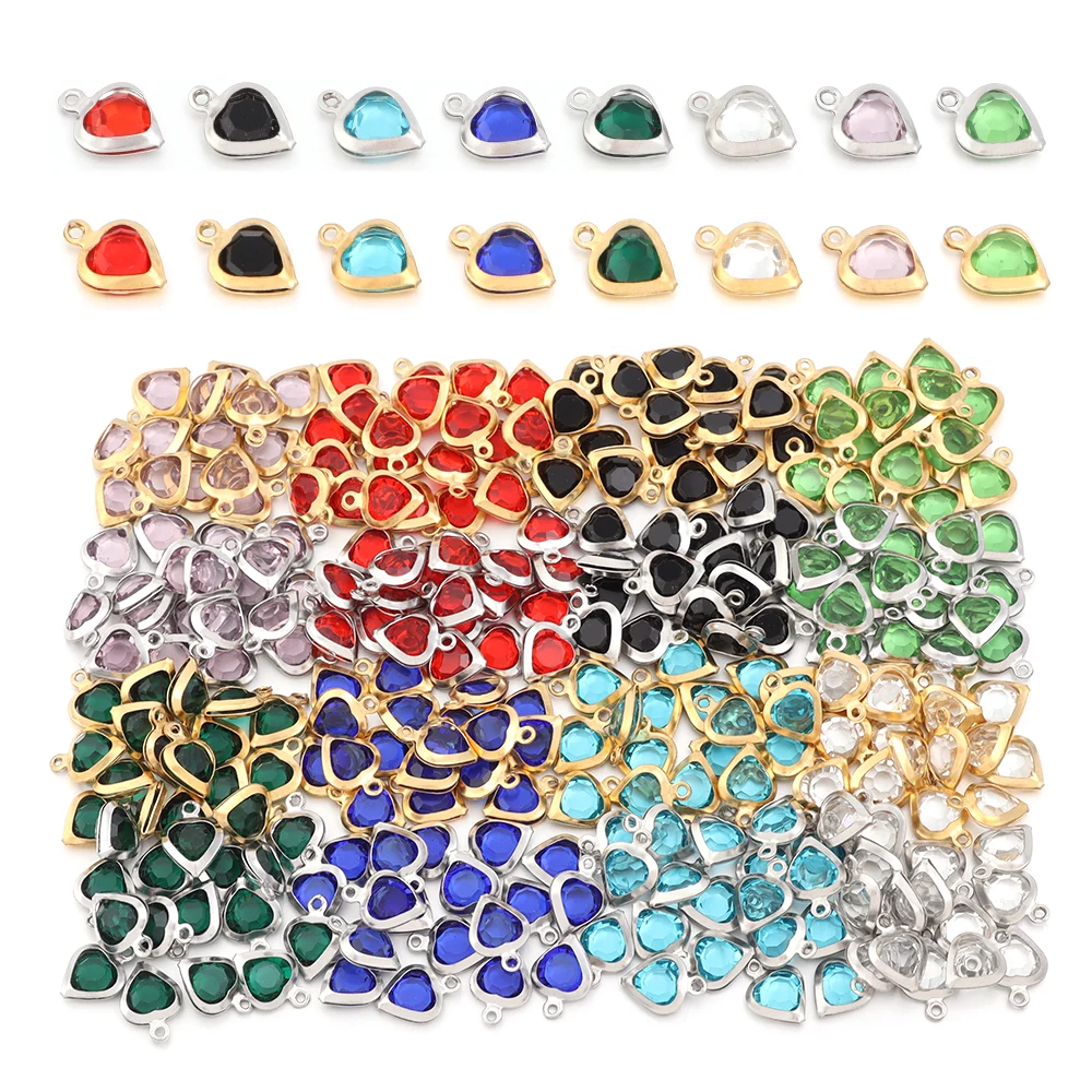 10Pcs 7x10mm Heart Crystal Charms Stainless Steel Edged Pendants for DIY Necklace Earring Bracelet Jewelry Making Accessories