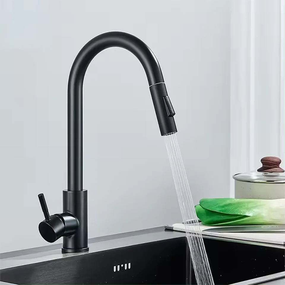 

A Kitchen Stainless Steel Pull-out Cold and Hot Water Mixing Faucet with a 3-function Pull-out Nozzle