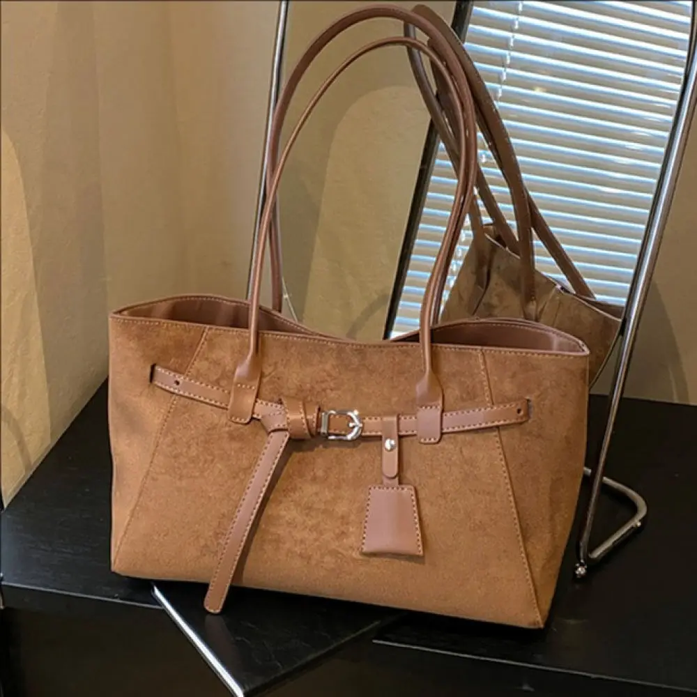 Vintage Suede Tote Bag Women Large Capacity Shoulder Handbag Retro Soft Texture Commuter Casual Underarm Hobo Purse