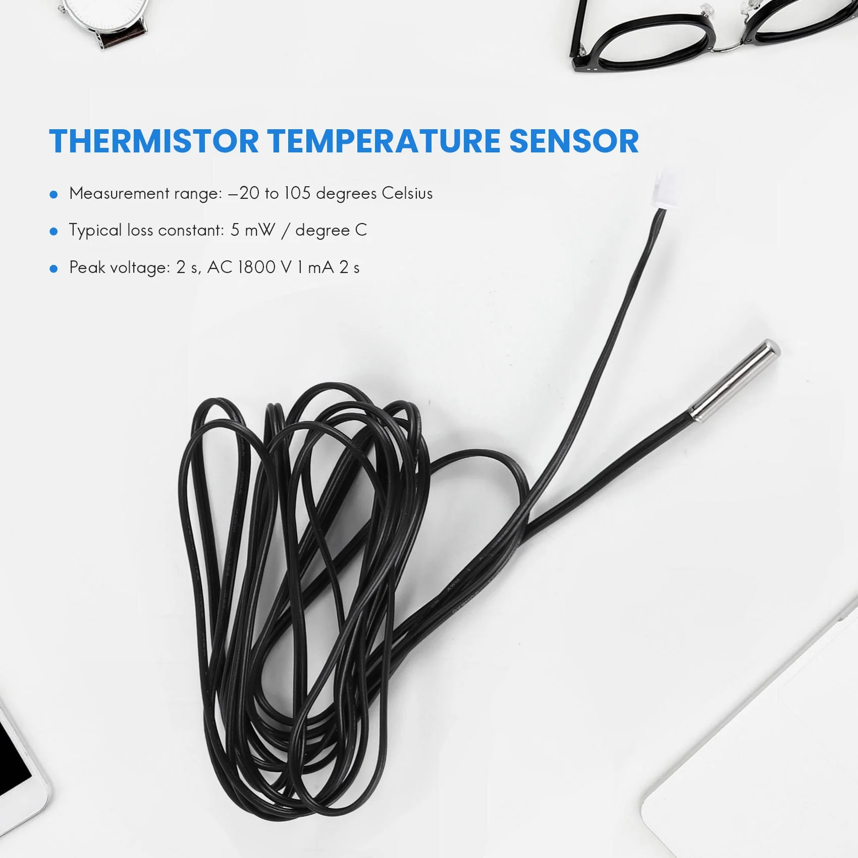 ABAN 2 m thermistor temperature sensor waterproof probe wire 10 K 1% 3950 black