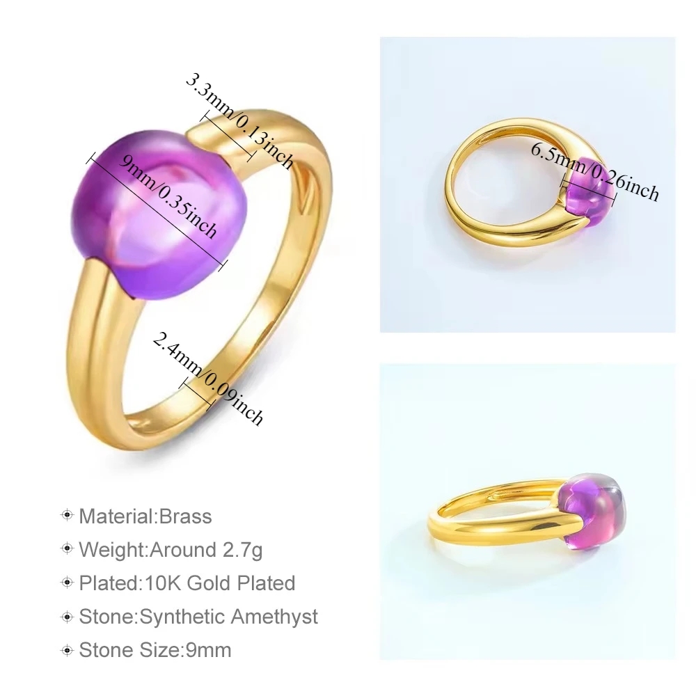 ALLNOEL Women Candy Ring with Multi-colored Stones Brass 10k Gold Plated Fashion Gem Jewelry Colorful Amethyst Crystal Wholesale