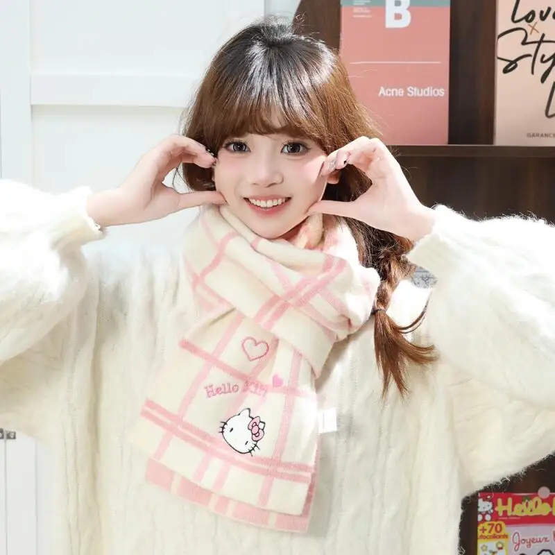 Bufanda Cinnamoroll, bufanda de Hello Kitty, estilo dulce, chica de dibujos animados, estudiante, estilo de invierno al aire libre, bufanda gruesa para mantener el calor a prueba de viento