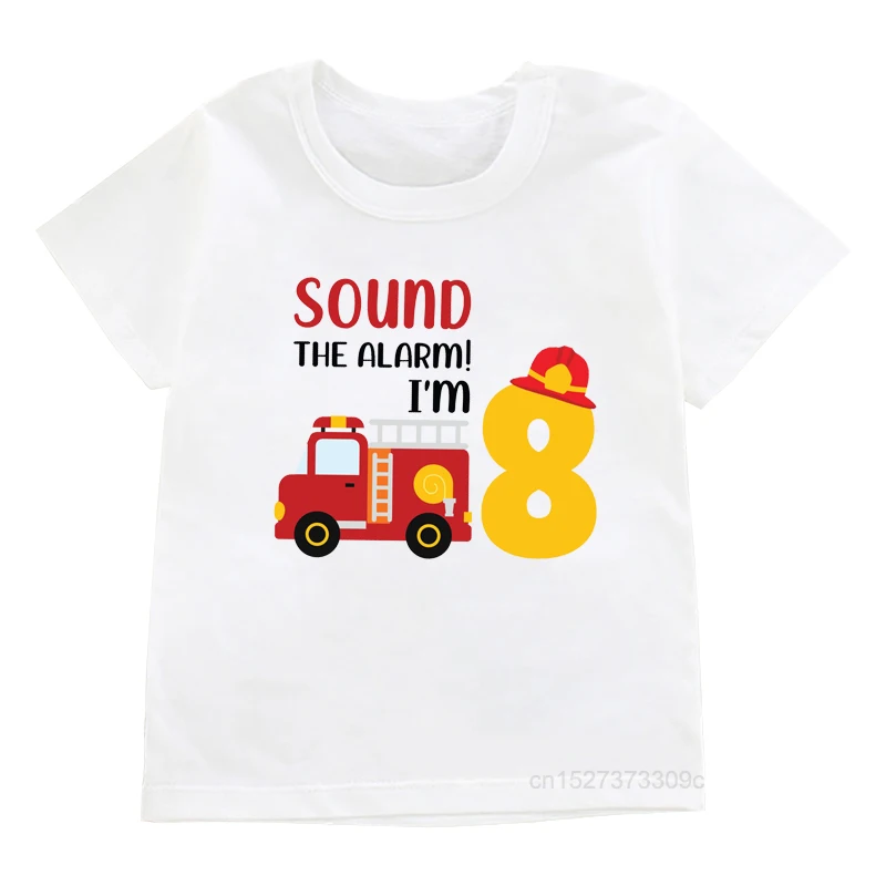 Boys/Girls Cool Firefighter Car 1-8 Birthday Numbers Tshirt Children Happy Birthday T Shirt White T-Shirt Baby Fire Truck Top