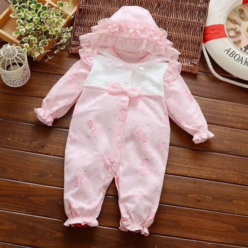 newborn baby girl clothes 0 3 months set spring cotton lace floral baby girl romper long sleeve baby girl jumpsuit clothing+hat