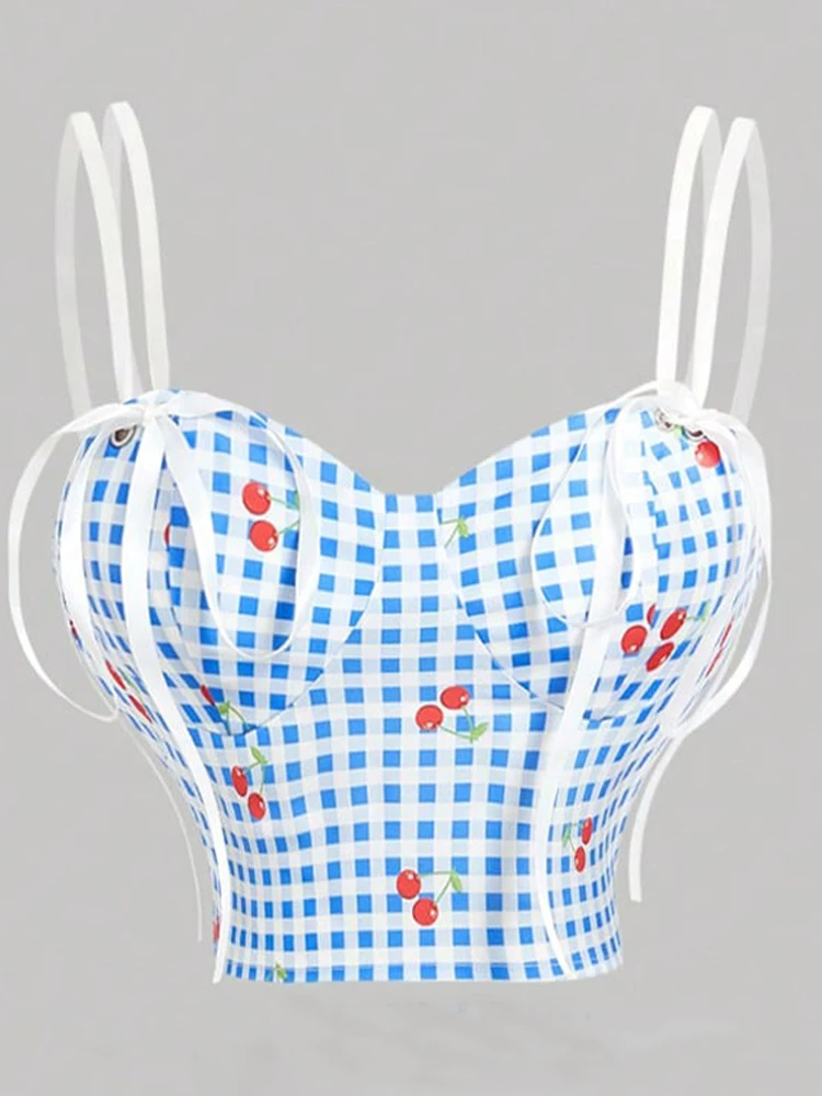 Set minigonna a canotta con stampa ciliegia a quadretti blu e bianchi da donna: top a canotta + minigonna svasata, dolce abito da vacanza retrò