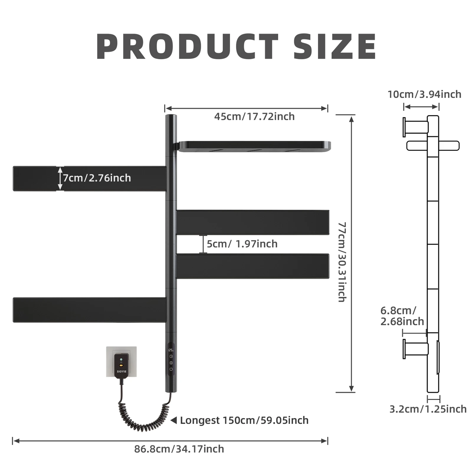 SIOYIE Rel Handuk Pemanas Elektrik Penghangat Handuk Putar dengan Rak Pengering Handuk Pemanas Plug-In/Kabel Kamar Mandi