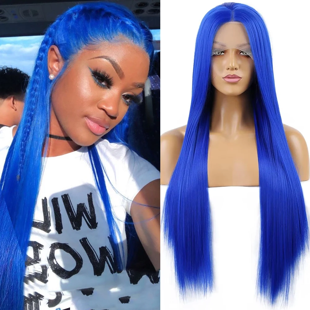 

Diniwig Королевский синий парик Длинные шелковистые прямые синтетические парики спереди для женщин Натуральная линия волос Парик для ежедневного использования Drag Queen