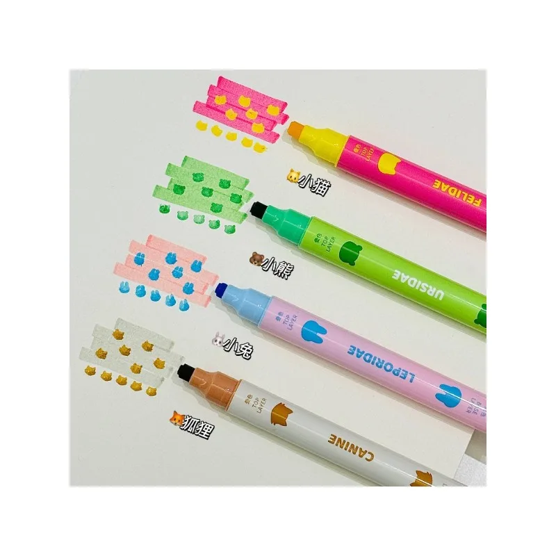 4PCS Small Animal Stacked Color Seal Double Head Highlighter Student Color Marker Key Marker Handbook Pen Highlighter Pen