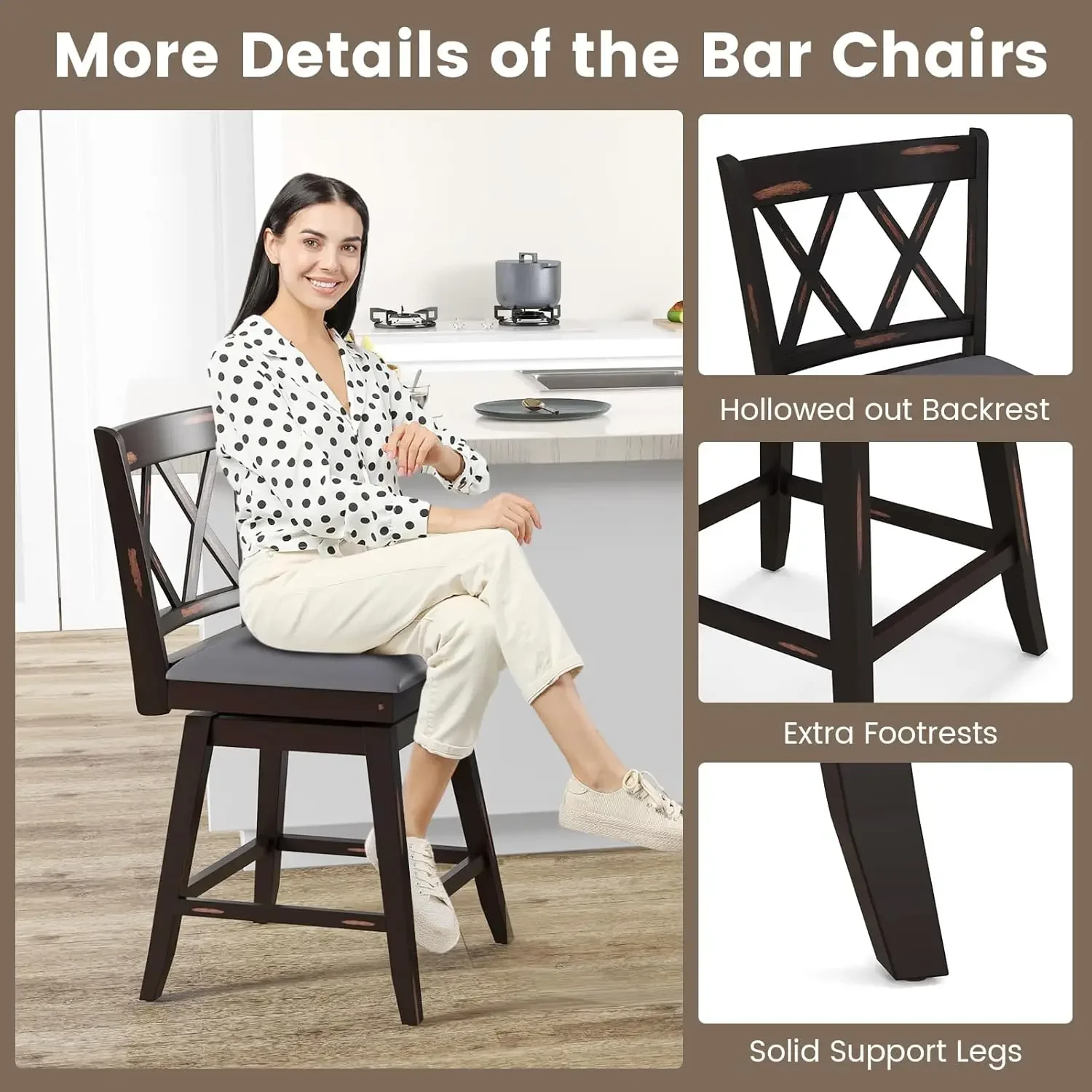 Bar Stool Set of 4 for Kitchen Island25" CounterHeight ChairwithErgonomicBackrestWaterproof PVC Surface & Solid Wood Structure,
