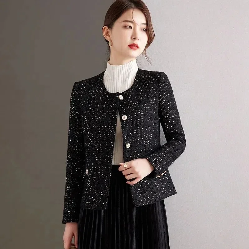 

2024 New Spring Autumn Women Single Breasted Slim Short Jacket Fashion Apricot Black Tweed Jacket Casual Female Outwear Tops