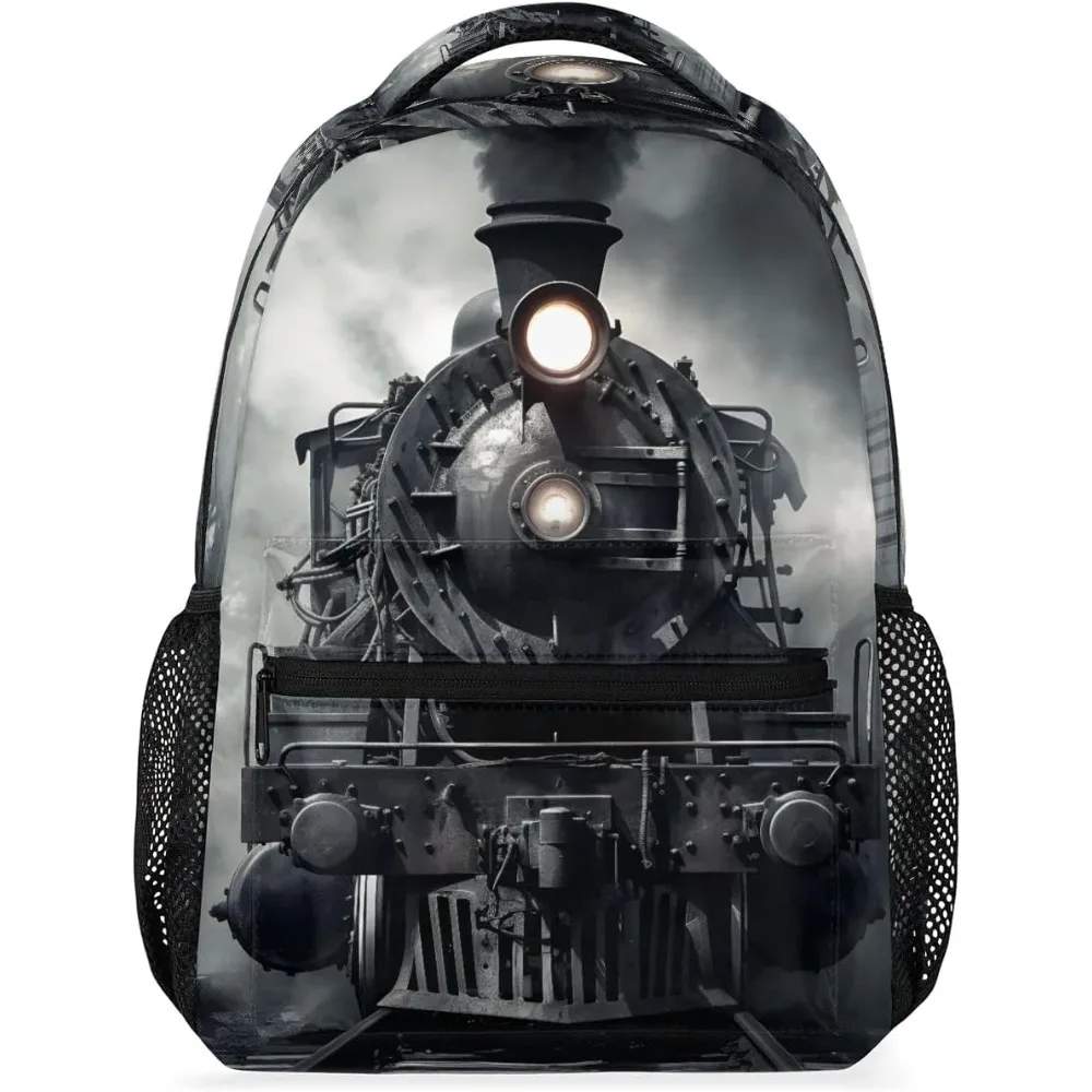 

Рюкзак Mystery Steam Train, монохромный принт локомотива, школьная сумка большой вместимости с сетчатыми карманами для любителей ретро