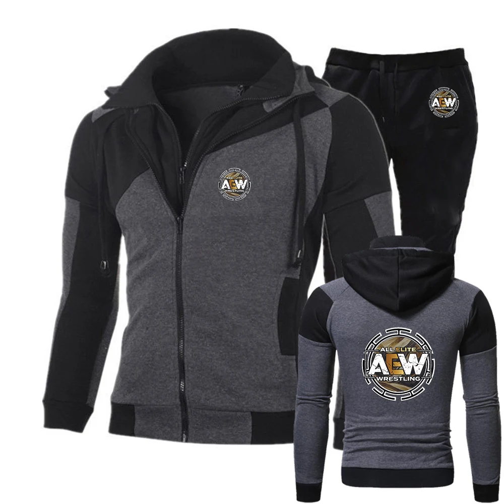 

2026 All Elite AEW Wrestling AEW Print Spring And Autumn Men's New Diagonal Zipper Hoodie Sweatshirts + LongPants Suits