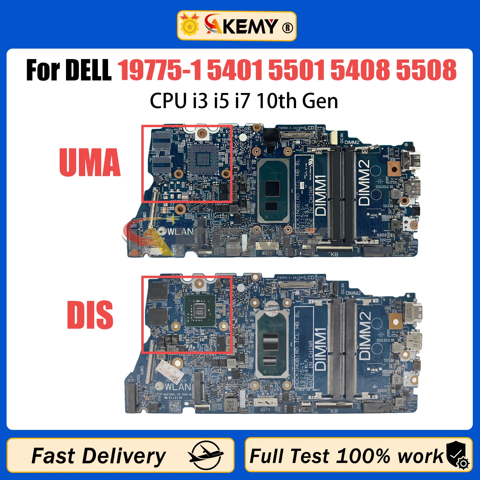 AKEMY 19775-1 Laptop Motherboard For DELL 5401 5501 5408 5508 085C41 0N03X9 Mainboard CPU with i3 i5 i7 10th Gen MX330 2G